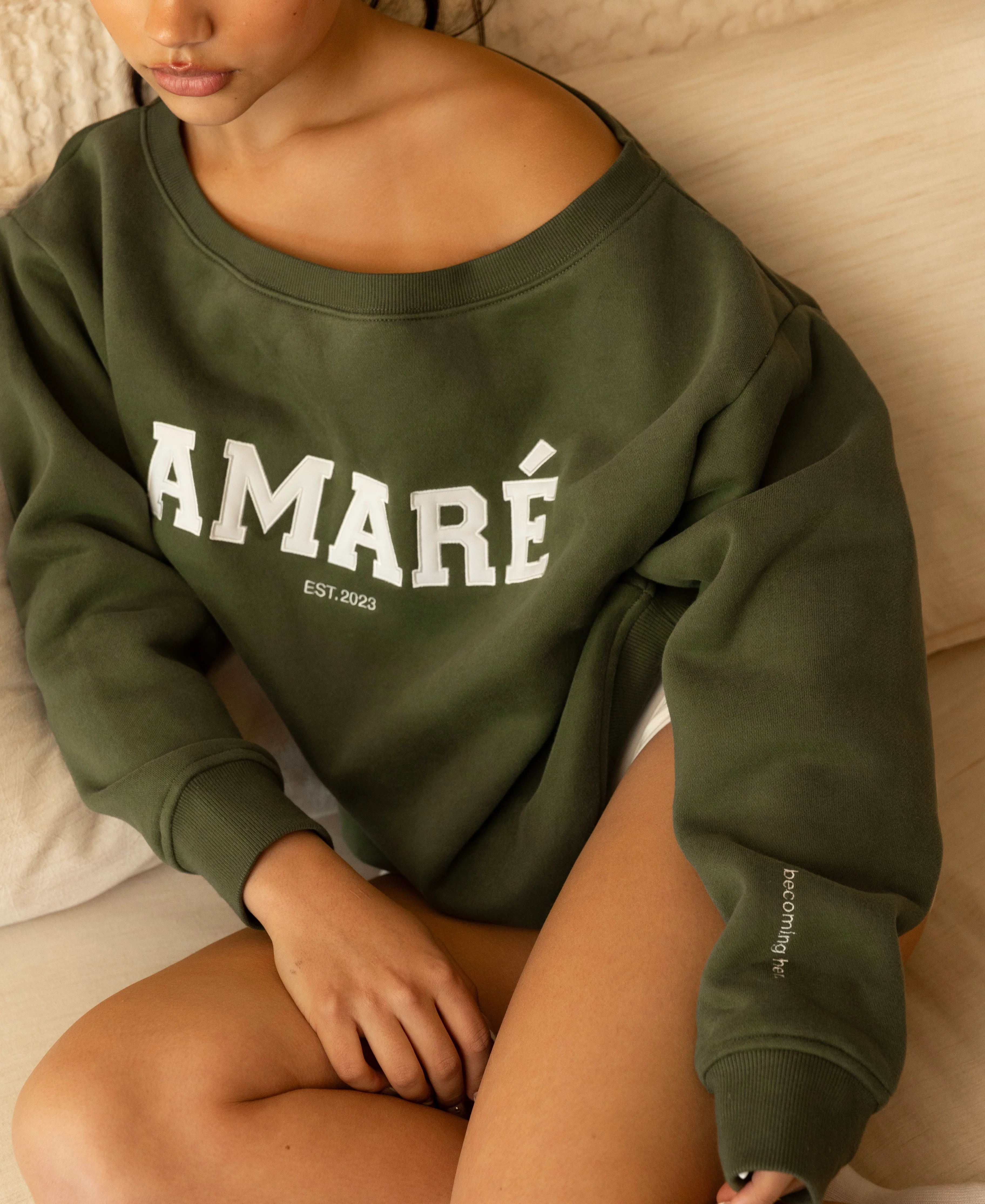 "Becoming her." off the shoulder crewneck (green) - Image 3